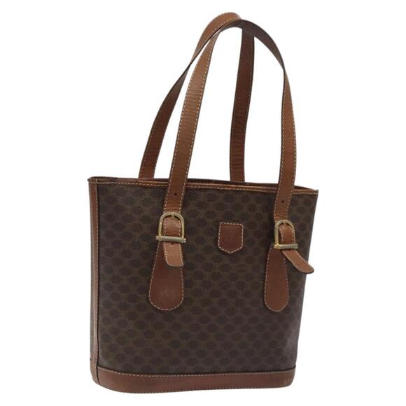 CELINE Macadam Canvas Hand Bag PVC Leather Brown Gold Auth 122273